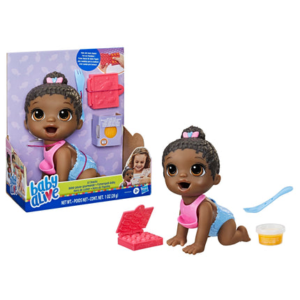 Baby Alive Muñeca Lil Snacks, come y hace popó, muñeca de 8 pulgadas con temática de merienda, molde de caja de merienda, juguete para niños de 3 años en adelante, cabello negro