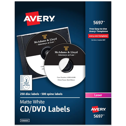AVERY 5697 Laser CD Labels, Matte White (Pack of 250)