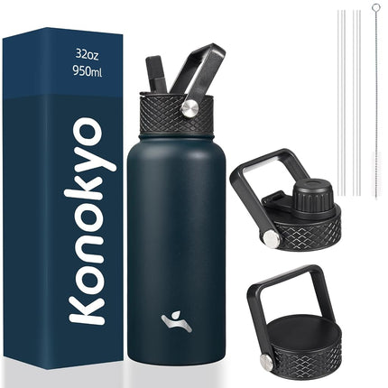 Konokyo Insulated Water Bottle with Straw,32oz 3 Lids Metal Bottles Stainless Steel Water Flask,Navy Blue
