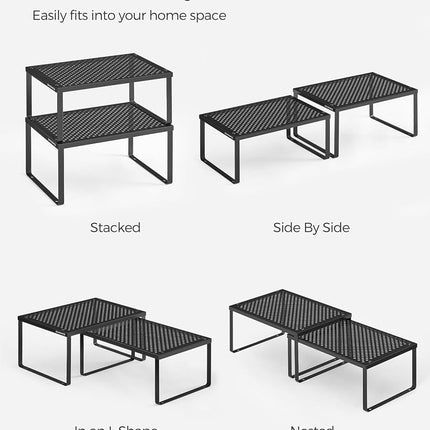 SONGMICS Spice Racks, Set of 2 Metal Cabinet Shelf Organizers, Countertop Organizers, Shelf Risers, Stackable, Expandable, Ink Black UKCS001B01