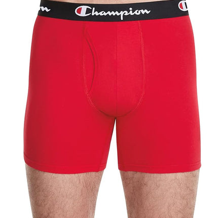Champion Men's Cotton Stretch Boxer Brief (3 and 5 Pack Available), Blue White Script Logo/Black/Red, XL (Pack of 3)