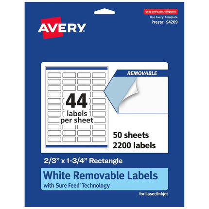 Avery Matte White Removable Rectangle Labels with Sure Feed Technology, Print-to-The-Edge, 2/3" x 1-3/4", 2,200 Removable Labels, Laser/Inkjet Printable Labels