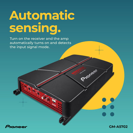 Amplificador para coche Pioneer GM-A5702 de 2 canales – 1000 W máx., clase AB, diseño puenteable, puenteable, filtros variables, alta potencia