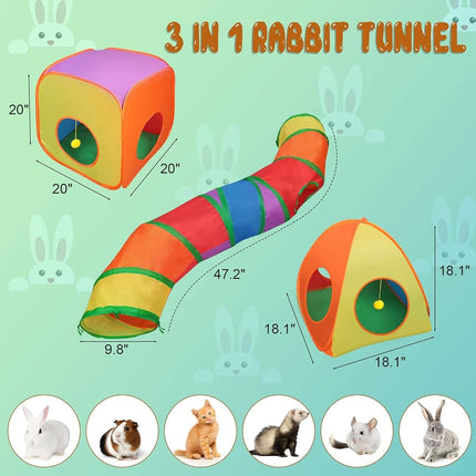 YUEPET Rabbit Tunnel and Cube Collapsible Tent Bunny Interactive Crinkle Tunnel Toys Small Animal Hideout with Play Ball for Dwarf Rabbit Bunny Guinea Pig