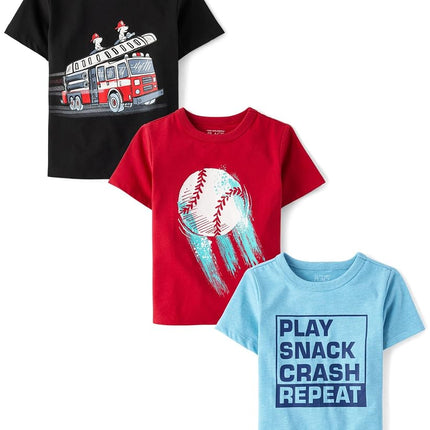 Camiseta gráfica de manga corta para bebé niña de The Children's Place, paquete de 3, diseños Play Repeat/Fire Truck/Baseball, de 18 a 24 meses