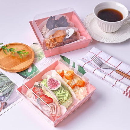 Ocmoiy Small Charcuterie Boxes with Clear Lids, To Go Paper Disposable Food Containers, 5 Inches Bakery Dessert Boxes for Sandwich, Cookie, Pastry, Cake Slice (Pink, 50ct)
