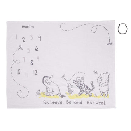Disney Classic Winnie The Pooh, White, Grey and Lime Super Soft Milestone Baby Blanket (5060259P)