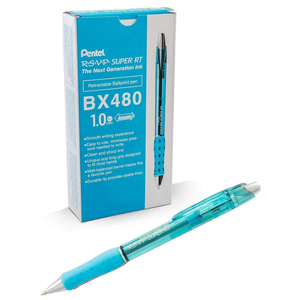 Bolígrafo Pentel RSVP Super RT, línea mediana (1,0 mm), tinta azul cielo, caja de 12 (BX480-S)