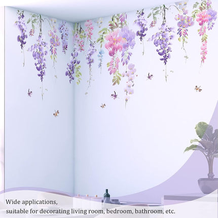 VePret Purple Flowers Wall Decals Peel and Stick, Large Hanging Floral Leaf Vinyl Wall Stickers, Removable Vine Home Decor Art for Bedroom Living Room Classroom Office