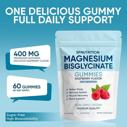 Spnutrition Magnesium Bisglycinate Gummies, with 400mg Magnesium Bisglycinate Chelate, Sea Salt, Raspberry Fruit Powder, Improve Sleep & nervous, Relax Muscles, Strengthen Bones, Vegan, 60 Gummies (1)