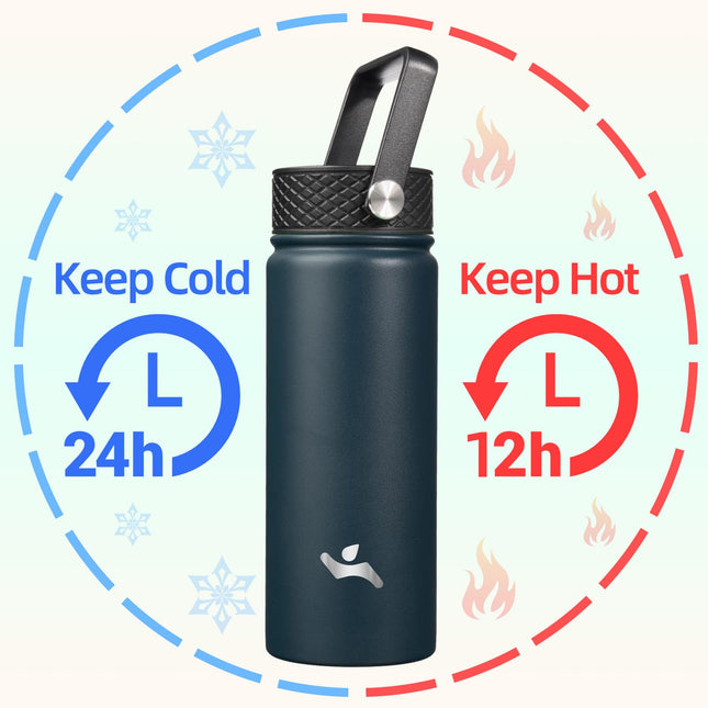 Konokyo Insulated Water Bottle with Straw,18oz 3 Lids Metal Bottles Stainless Steel Water Flask,Navy Blue