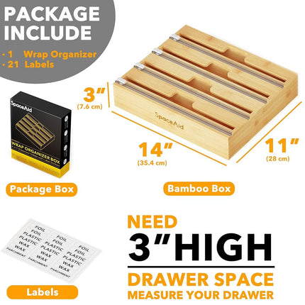 SpaceAid WrapNeat 4 in 1 Wrap Organizer with Cutter and Labels, Plastic Wrap, Aluminum Foil and Wax Bamboo Dispenser for Kitchen Storage Organization Holder for 12" Roll (Natural, 4-Slot)