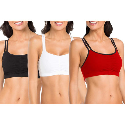 Fruit of the Loom Women's Spaghetti Strap Cotton Pull Over 3 Pack Sports Bra, Red Hot with Black/White/Black Hue, 34