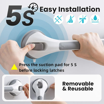 TAILI 2 Shower Grab Bar, Suction Cup Grab Bars for Tubs and Showers, Removable Shower Handle, Shower Grab Bars for Seniors and Elderly, No Drilling, Grey