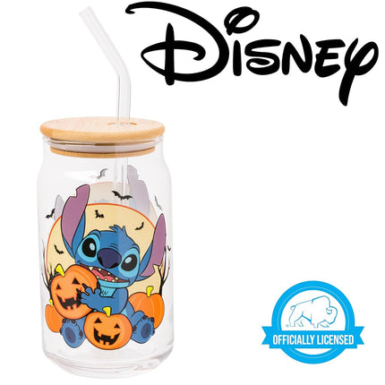 Silver Buffalo Disney Lilo and Stitch Halloween Spooky Pumpkin Patch Jack-O-Lantern Glass Jar Tumbler with Bamboo Lid and Glass Straw, 16 Ounces