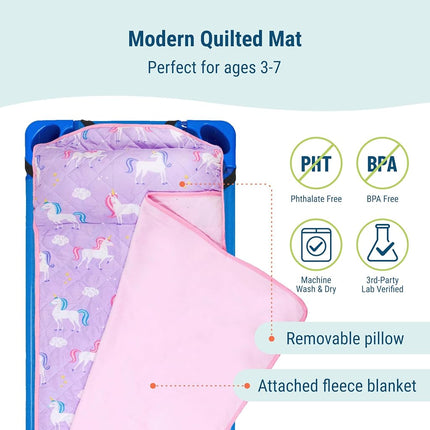 Tapis de sieste matelassé Wildkin pour enfants – Microfibre douce avec oreiller et sangles élastiques pour l'école et les voyages - Licorne