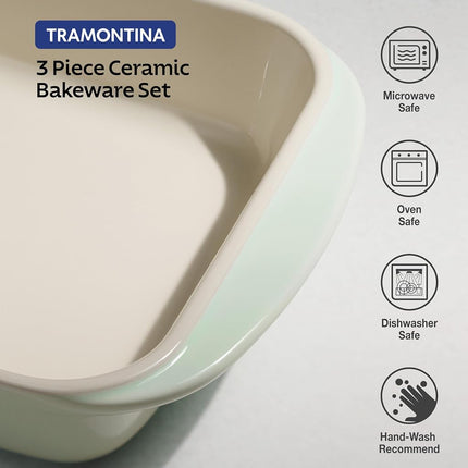Tramontina Mae - Juego de 3 fuentes de horno de cerámica porcelana, recipientes antiadherentes para horno, fuentes rectangulares para lasaña, pasteles y panes (Menta)