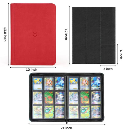 Card Binder 9 Pocket with Zipper, 648 Pockets Trading Card Holder Book, Premium PU Cover Zip Folder Binder, Side Loading Carrying Case Binder Album for TCG, MTG, Sports Cards, Game Cards (Red)
