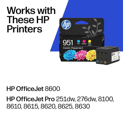 HP 951 Cyan, Magenta, Yellow Ink Cartridges | Works OfficeJet 8600, OfficeJet Pro 251dw, 276dw, 8100, 8610, 8620, 8630 Series | Eligible for Instant Ink | CR314FN, Combo 3-Pack