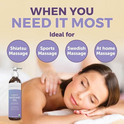 Organic Massage Oil with Lavender Scent (8 fl. oz.) - Non-Greasy Lavender Body Oil with Mess-Free Pump, Perfect for Sleep and Relaxation, Certified Organic and Non-GMO, 237 mL