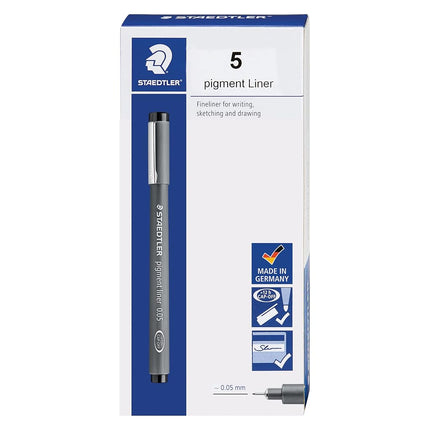 STAEDTLER Pigment Liner, Fineliner Pen for Drawing, Drafting, Journaling, 0.05mm, Black, Box of 5 Pens, 308 0059M