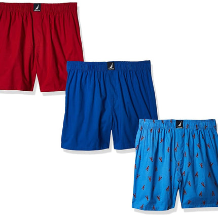 Nautica Men's Cotton Woven 3 Pack Boxer Shorts, Sea Cobalt Red/Lobster Aero Blue, L