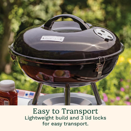 Cuisinart Parrilla de carbón portátil de 14", parrilla pequeña de mesa para exteriores con tapa con cierre y ventilaciones dobles, barbacoa cromada de tamaño de viaje, perfecta para acampar, portones traseros, parrilladas, color negro