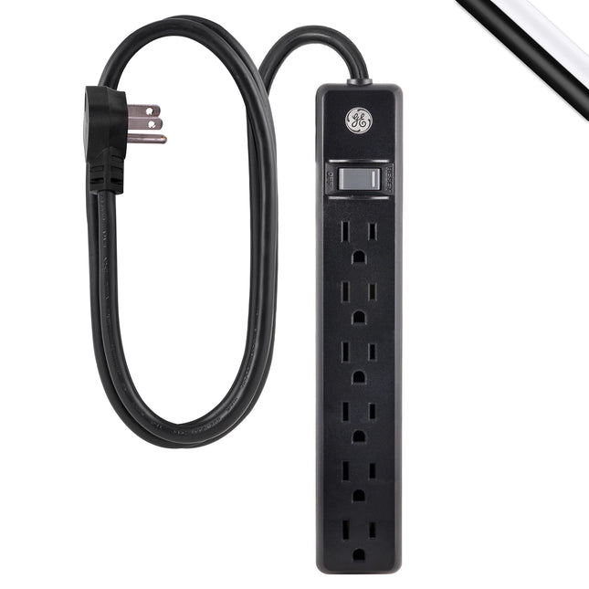 GE 6-Outlet Power Strip, 7 Ft Extension Cord, Flat Plug, Grounded, Integrated Circuit Breaker, 3-Prong, Wall Mount, UL Listed, Black, 37816
