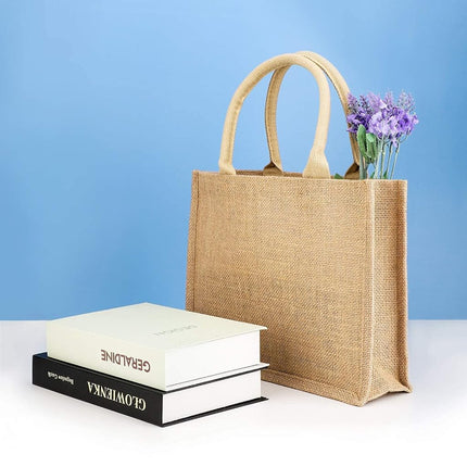 Segarty Burlap Tote, Natural Jute Tote Bags with Handles & Laminated Interior, Wedding Bridesmaid Gift Bags, Blank Bags for Embroidery DIY Art Crafts, Reusable Grocery Bag Shopping Tote Bag, Set of 3