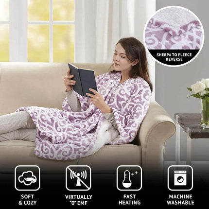 Manta térmica Beautyrest, chal ponible para regalos, poncho eléctrico de sherpa a forro polar, apagado automático, prácticamente sin campos electromagnéticos, 3 niveles de calor, certificado UL, lavable a máquina, diseño de celosía lavanda 50"x64"