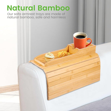 Abizarch Bamboo Sofa Armrest Tray Table - Foldable Couch Cup Holder,Anti-Slip Side Table Armrest Clip Tray, Multifunctional Couch Organizer, Drink Snack Remote Control Holder