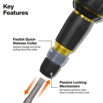 Klein Tools 32960ARCHT Ratcheting Fastbit Tru-Grip Screwdriver, Ratcheting Ball-Style Handle with Quick-Release Collar, #2 Phillips and 6 mm Slotted Double-Ended Bit, 1/4-Inch Bit Compatible