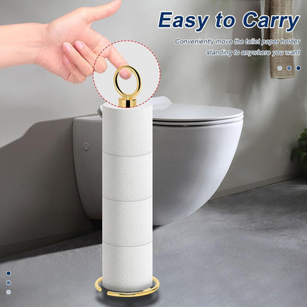 NearMoon Bath Toilet Paper Holder Stand, Free Standing Tissue Paper Storage with Reserve, Space Toilet 4 Rolls Holder for Bathroom/Kitchen Countertop-All Metal (2 Pack, Chrome Gold)