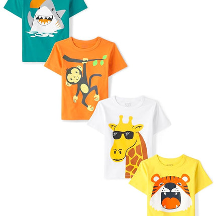 The Children's Place Toddler Boys Short Sleeve Multi Color Graphic T-Shirt, 4 Pack, Shark/Monkey/Giraffe/Tiger, 18-24 Months
