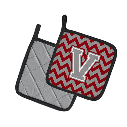 Caroline's Treasures Letter V Chevron Crimson and Grey Pair of Pot Holders CJ1043-VPTHD, Fabric, Multicolor