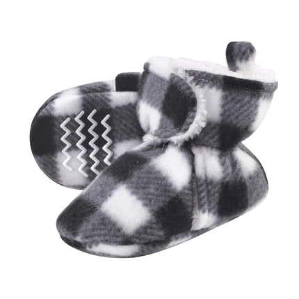 Hudson Baby Unisex Baby Cozy Fleece and Faux Sherpa Booties, Black White Plaid, 18-24 Months