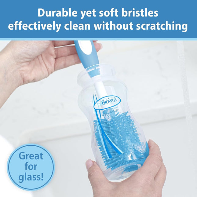 Dr. Brown's Soft Touch No Scratch Baby Bottle Cleaning Brush, Nipple Cleaner and Suction Cup Base for Easy Storage, BPA Free, Blue, 2 Pack