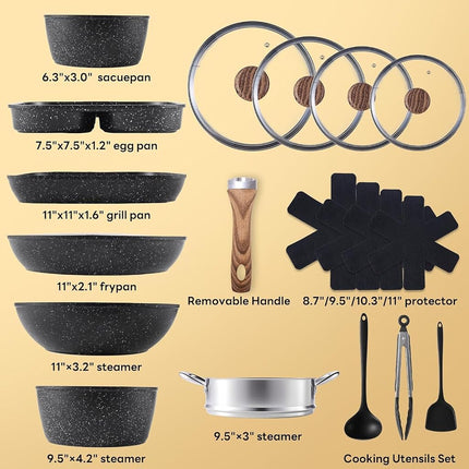 Batterie de cuisine antiadhésive, 17 pièces, avec poêles, casseroles, cuiseur vapeur, non toxique, compatible four et tous feux, couvercles en verre et poignées froides, noir