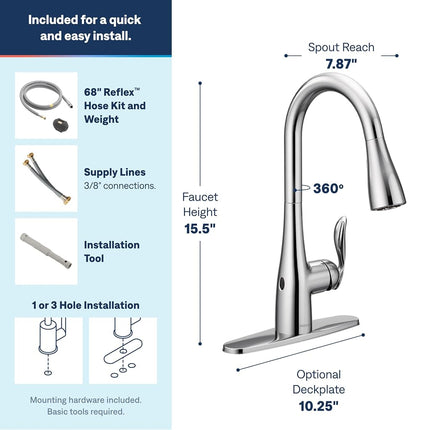 Moen 7594EWC Arbor Motionsense Wave Sensor Touchless One-Handle Pulldown Kitchen Faucet Featuring Power Clean, Chrome, 3.63x26.63x14.25