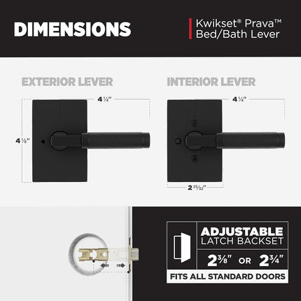 Kwikset Prava Interior Privacy Door Handle with Lock, Door Lever for Bathroom and Bedroom, Matte Black, Reversible Keyless Push Button Lock Door Lever, with Microban Protection