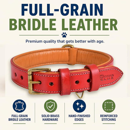 DowgClub Leather Dog Collar | Leather Collar for Large Dogs, 1.25 Inch Wide Red Dog Collar | Genuine, Full Grain, Heavy Duty, Comfortable, Inner Soft Padding (L (Neck Size 18.5"-22.5"), Red)