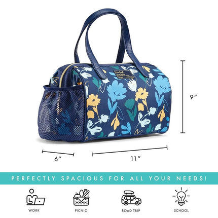 Fit & Fresh Cloverdale Adult Insulated Lunch Bag with Side Pouch & Carry Handles, Complete Lunch Kit Includes 2 Containers, Botanical Silo Navy