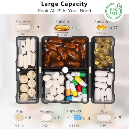 FYY Daily Pill Organizer,2 Pcs 7 Compartments Portable Pill Case Travel Pill Organizer,[Folding Design] Pill Box for Purse Pocket to Hold Vitamins,Cod Liver Oil,Supplements and Medication-Clear Black