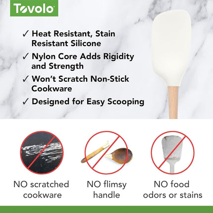 Tovolo Flex-Core White Wood-Handled Spoonula, Silicone Spoon Spatula Head with Ergonomic Grip & Wooden Handle, Silicone Spatula Spoon for Cooking & Cake Decorating BPA-Free