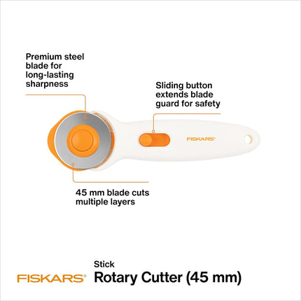 Fiskars Premium Stick Rotary Cutter (45 mm), White | Precision-Ground Steel Blade for Long-Lasting Sharpness, Cuts Multiple Layers of Fabric, Ambidextrous, Safe Slide-Lock