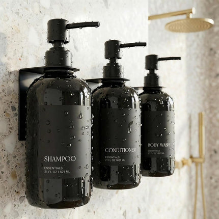 Stylish Shampoo and Conditioner Dispenser Set of 3 for Wall Mount - Modern Drill Free 21oz Shower Soap Bottles with Labels - Easy Refill Body Wash Dispensers for an Instant Bathroom Decor Upgrade