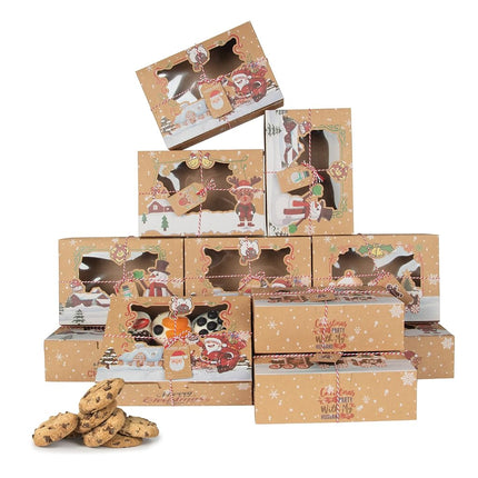 Lot de 12 boîtes à biscuits de Noël, boîtes à friandises pliables avec fenêtre, pour pâtisseries, cupcakes, bonbons et cadeaux, boîtes de boulangerie en kraft de qualité alimentaire, boîtes à biscuits Renne Père Noël, style A