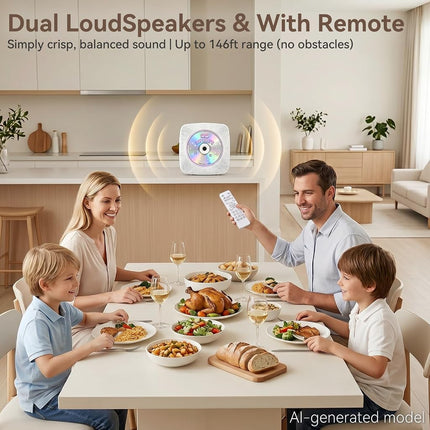 CD Player Portable : CD Players for Home Bluetooth 1800mAh Rechargeable Desktop Wall Kegaudio HiFi Speakers with Dust Cover LCD Screen Display FM Radio USB AUX Jack Remote Control (Light White)