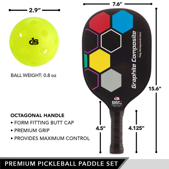 Premium Pickleball Set – 2 Paddle Set with Mesh Carry Bag, 4 Balls by Day 1 Sports - Durable Pickle Ball Paddles with Cushion Comfort Grip and Accessories - Graphite-Face Racquets, Pickleballs