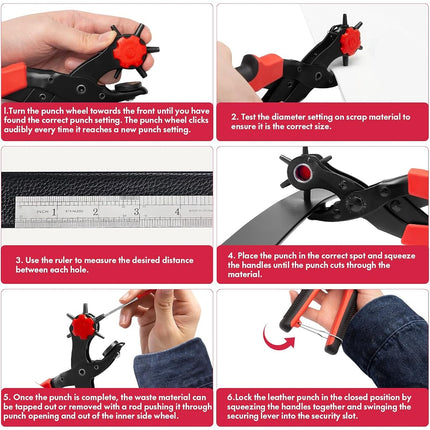XOOL Leather Hole Punch Plier, Heavy Duty Rotatable Belt Hole Puncher with 6 Different Sizes Used for Belt, Watch Belt, Belt, Shoes, Purses, Clothes, Cardboard, Paper, Hard PVC, etc